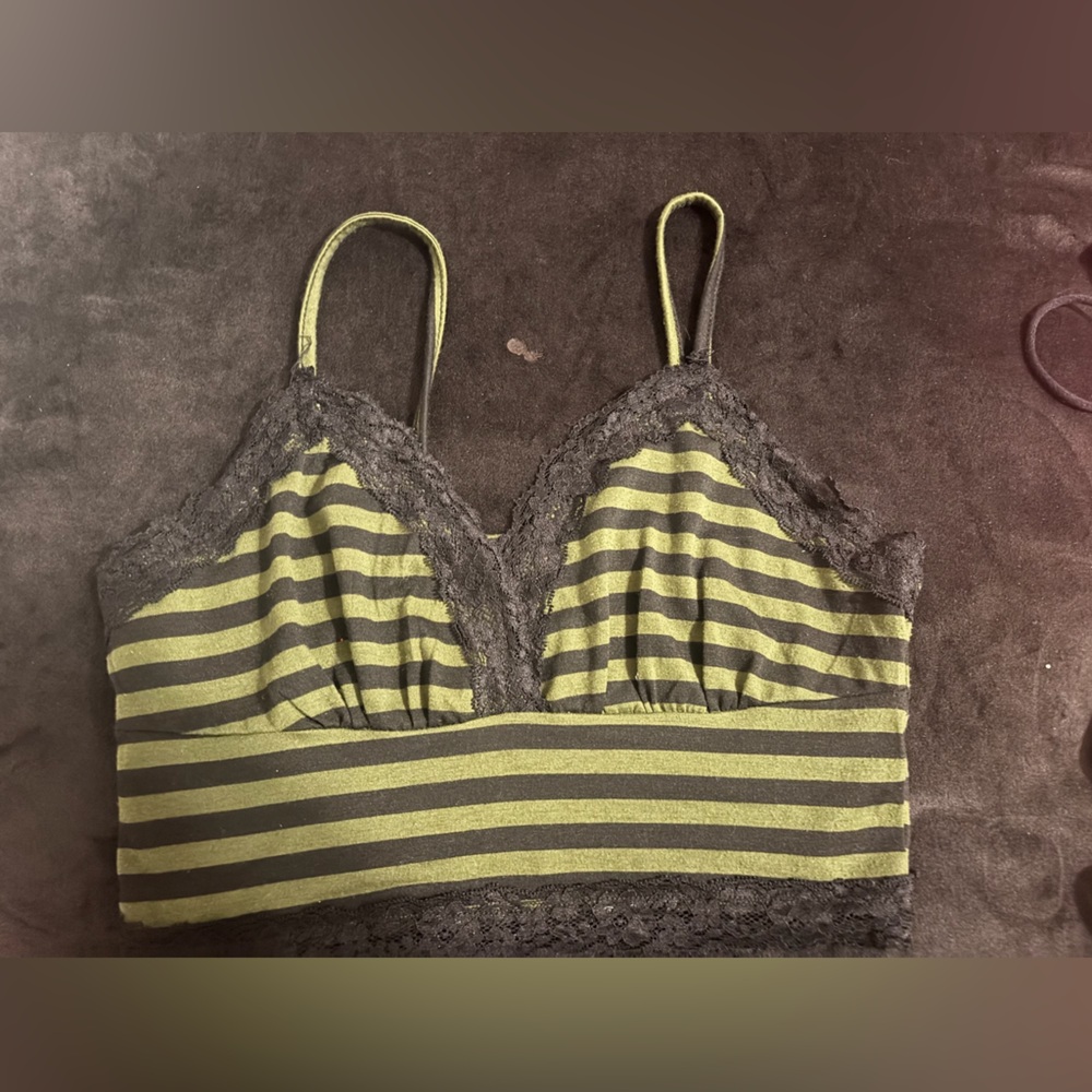 Urban Outfitters Olive Green and Black Striped Lace Bralette